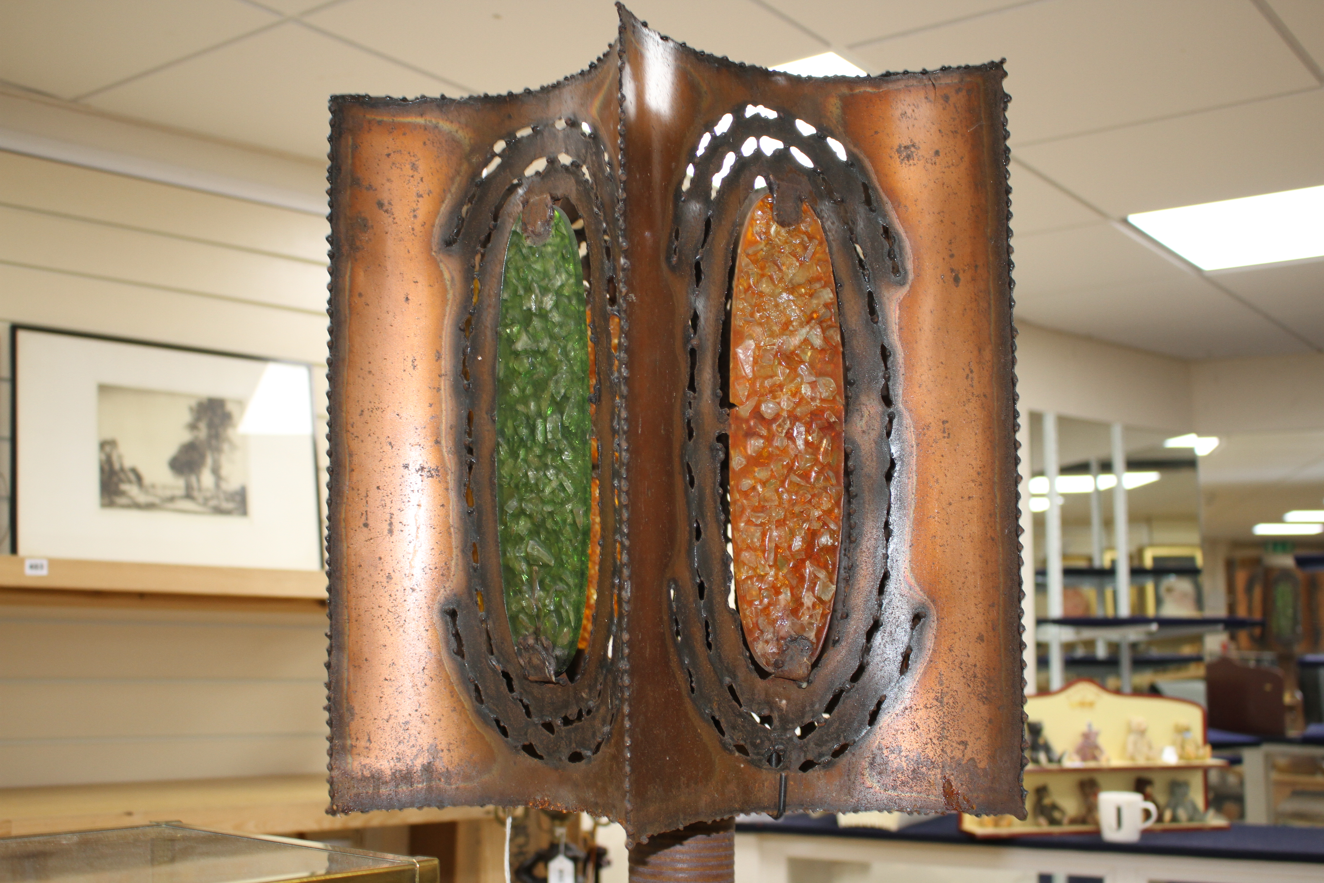 A French Accolay pottery copper and glass shard table lamp, c.1970,